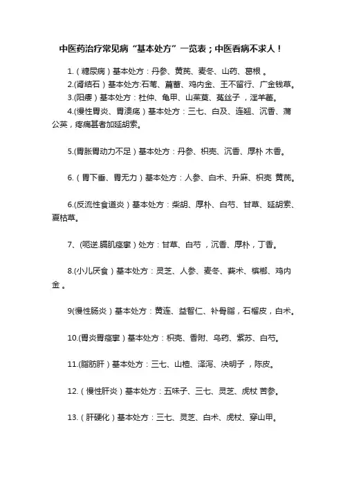 中医药治疗常见病“基本处方”一览表；中医看病不求人！