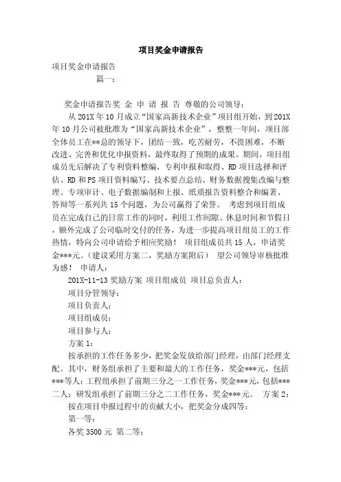 项目奖金申请报告（范文）