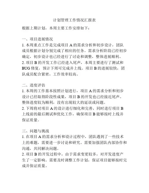 计划管理工作情况汇报表