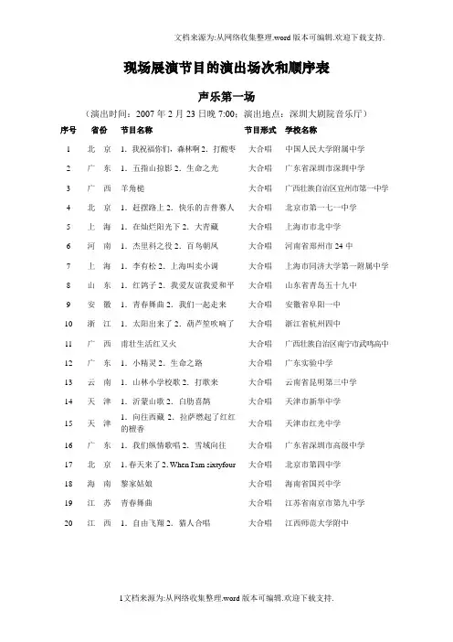 现场展演节目演出场次和顺序表