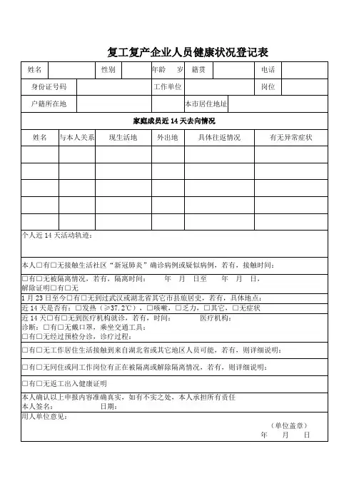 复工复产企业人员健康状况登记表