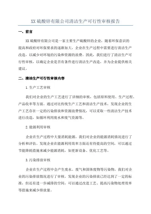 XX硫酸锌有限公司清洁生产可行性审核报告