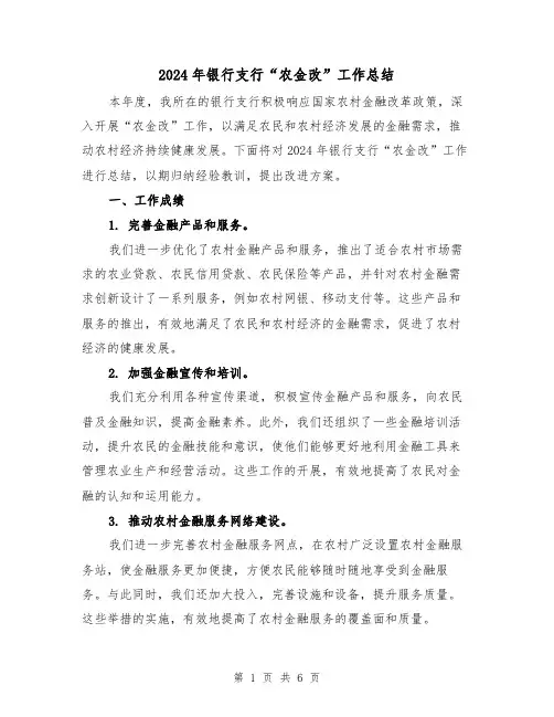 2024年银行支行“农金改”工作总结(2篇)