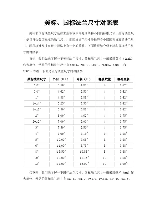 美标、国标法兰尺寸对照表