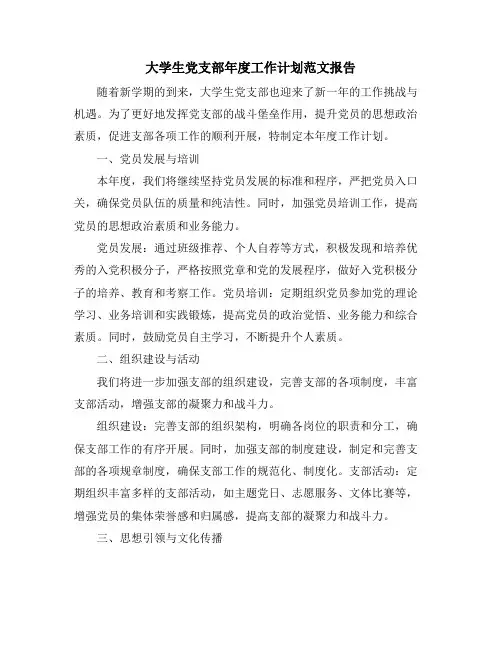 大学生党支部年度工作计划范文报告
