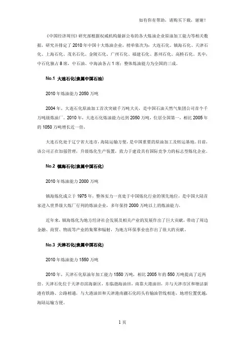 中国炼油企业排名