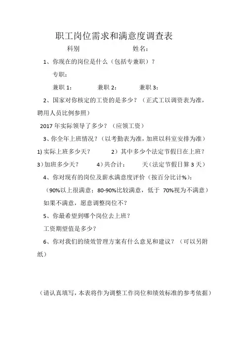 职工岗位需求和满意度调查表