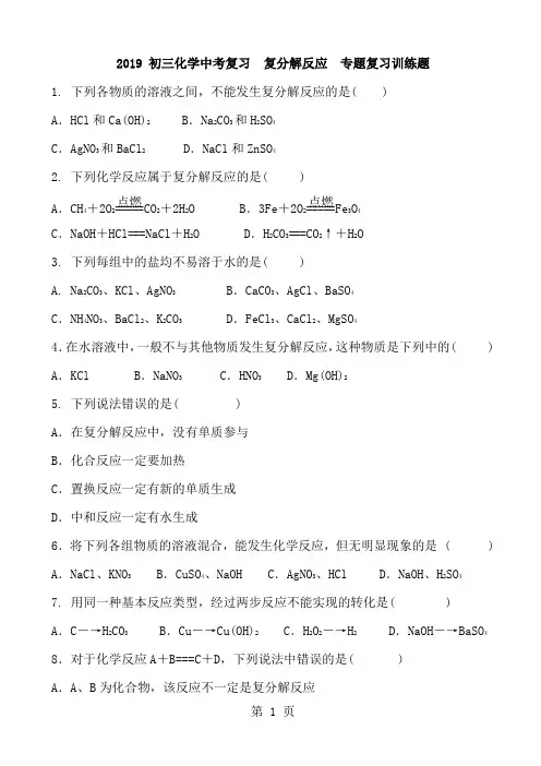 初三化学中考复习  复分解反应  专题复习训练题 含答案-word文档