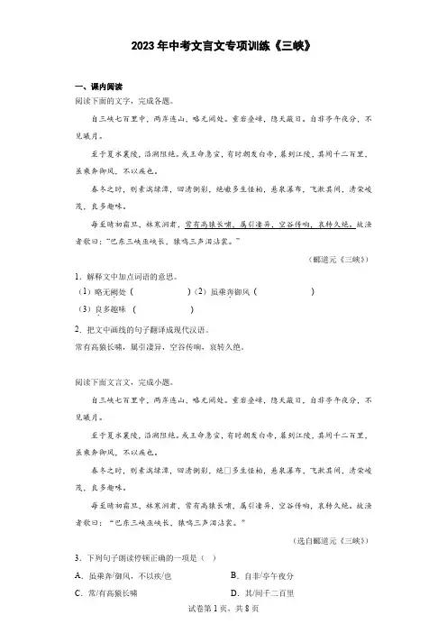 2023年中考文言文专项训练《三峡》