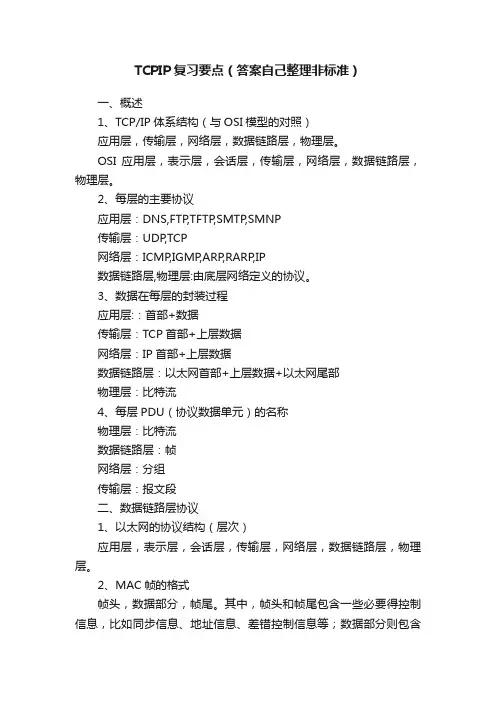 TCPIP复习要点（答案自己整理非标准）