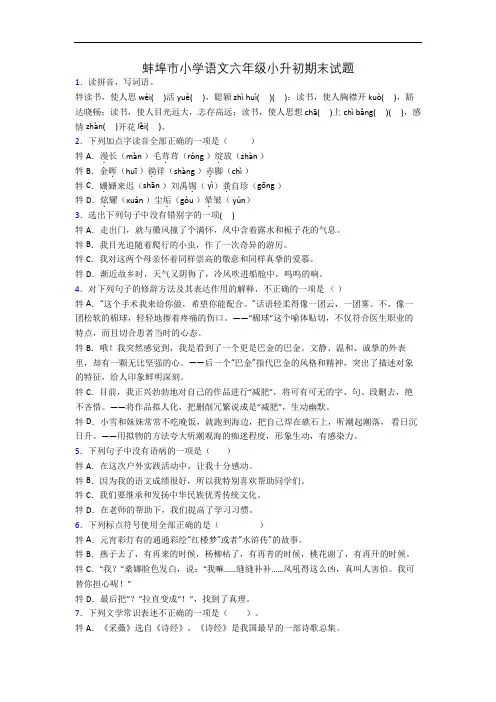 蚌埠市小学语文六年级小升初期末试题