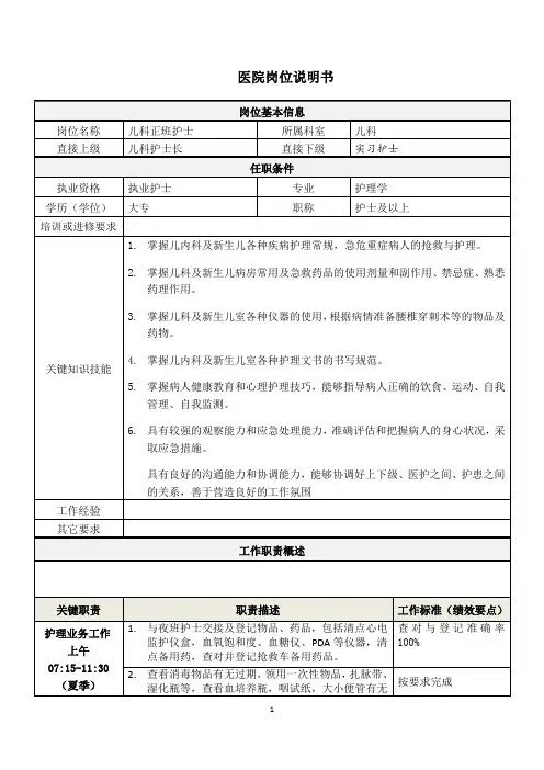 医院儿科正班护士岗位说明书(专业完整模板)