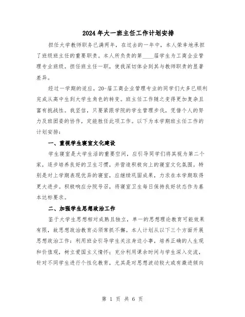 2024年大一班主任工作计划安排（3篇）