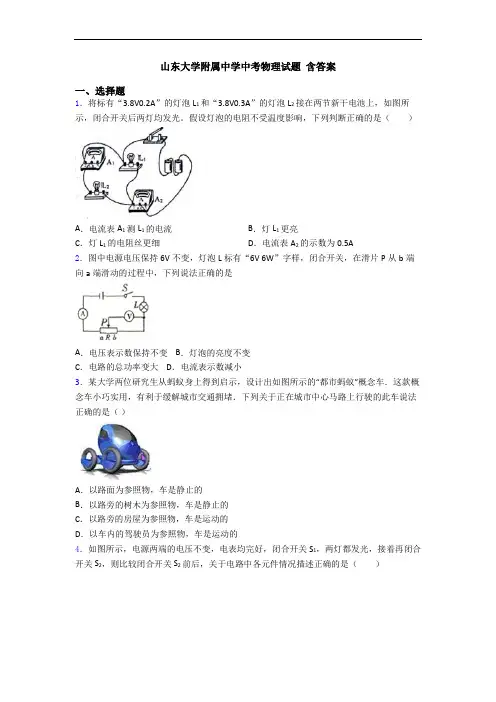 山东大学附属中学中考物理试题 含答案