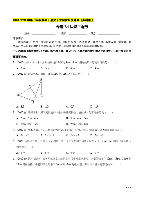 专题7.4认识三角形-2020-2021学年七年级数学下册尖子生同步培优题典(原卷版)【苏科版】
