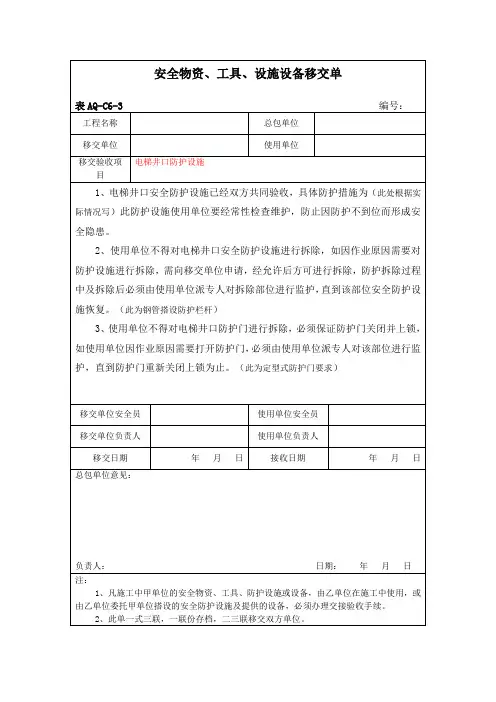 安全物资、工具、设施、设备移交单表