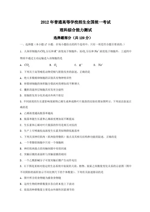 2012年全国高考理综试题及答案-浙江卷