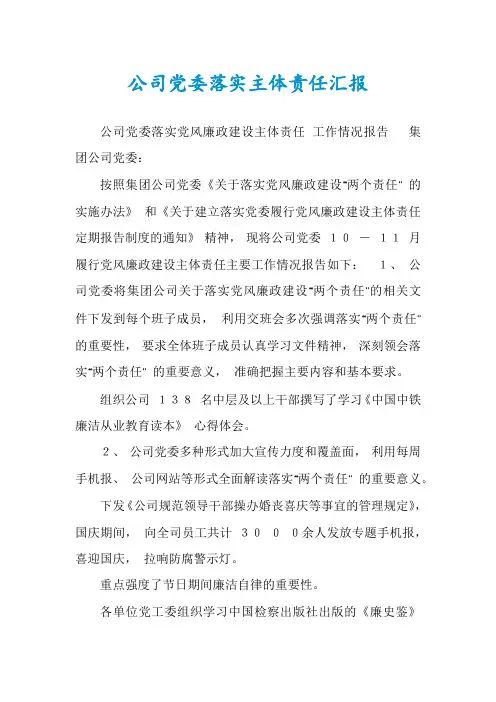 公司党委落实主体责任汇报