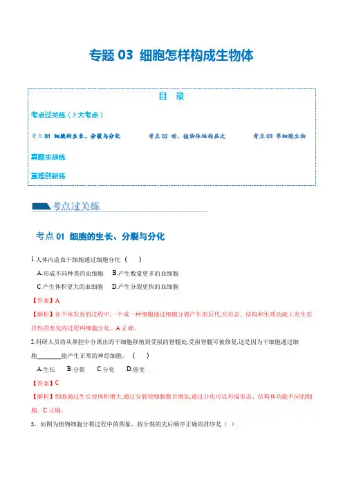 专题03细胞怎样构成生物体(练习)(解析版)-2024年中考生物一轮复习讲义