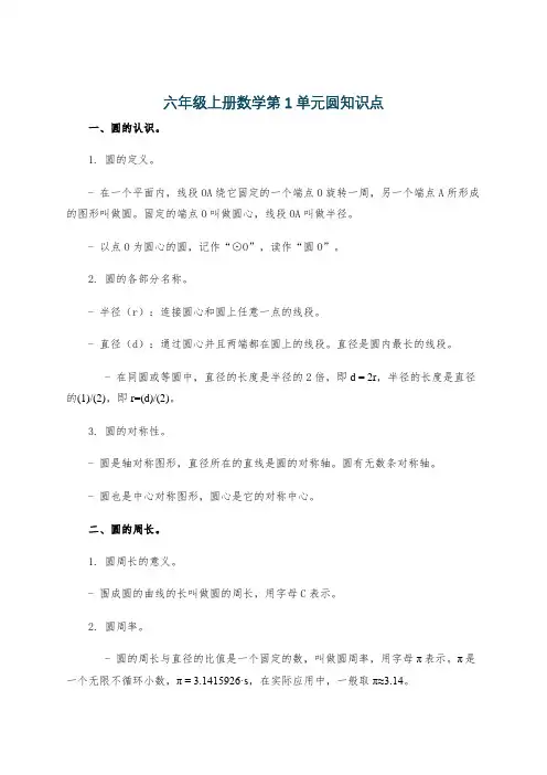 六年级上册数学第1单元圆知识点