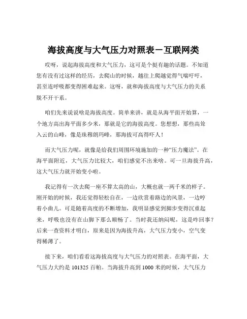 海拔高度与大气压力对照表-互联网类