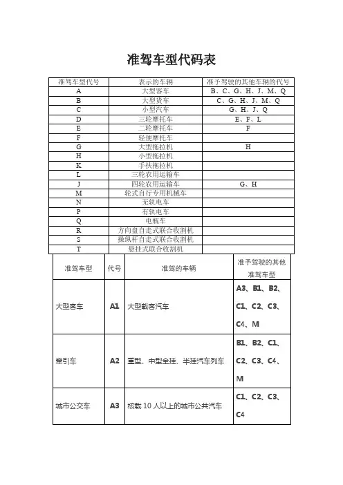准驾车型代码表