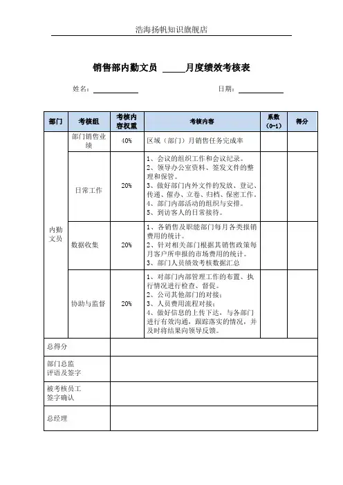 销售部内勤文员月度绩效考核表KPI