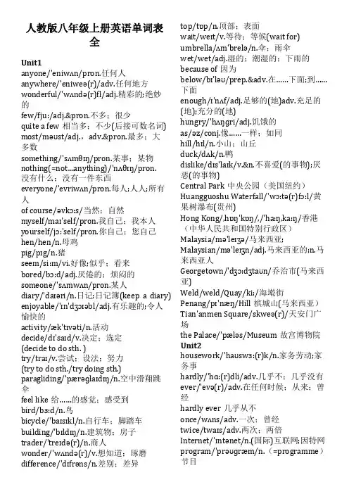人教版八年级上册英语单词表全