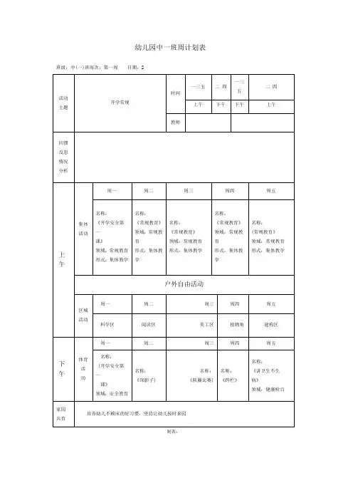 幼儿园中一班周计划表
