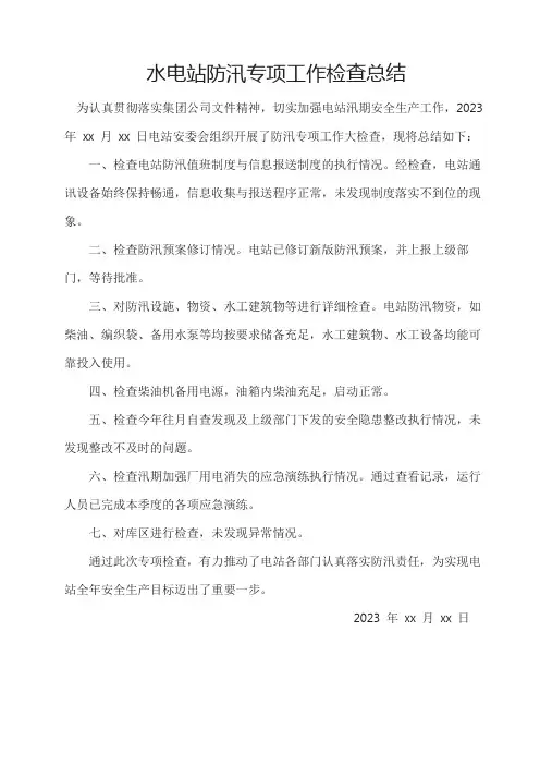 水电站防汛专项工作检查总结