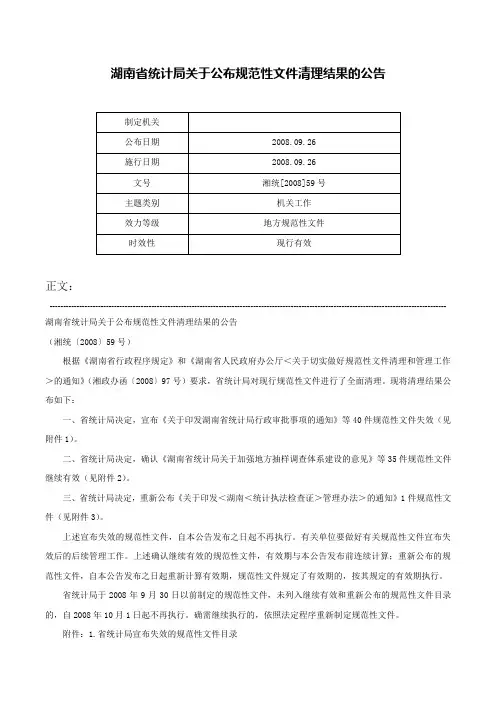 湖南省统计局关于公布规范性文件清理结果的公告-湘统[2008]59号