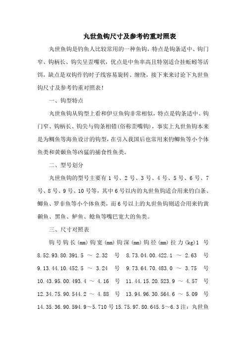 钓鱼技巧之钓具：丸世鱼钩尺寸及参考钓重对照表