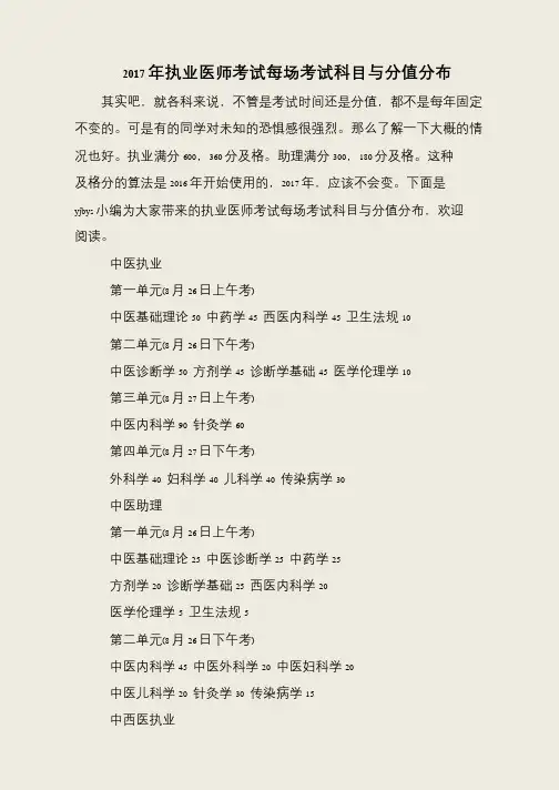 2017年执业医师考试每场考试科目与分值分布
