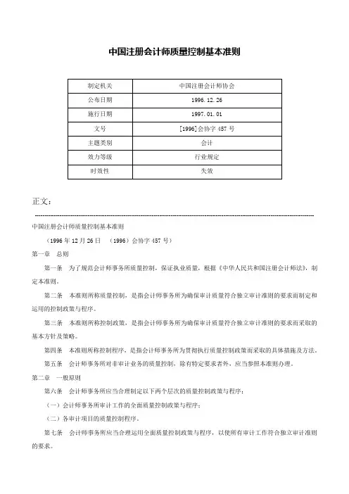 中国注册会计师质量控制基本准则-[1996]会协字457号
