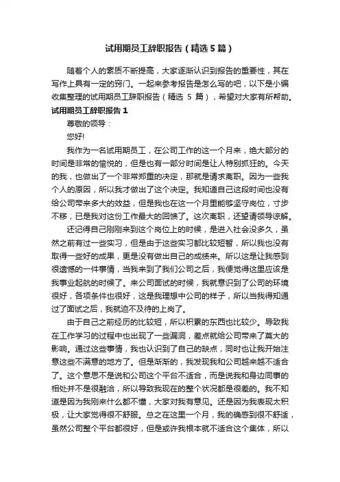 试用期员工辞职报告（精选5篇）