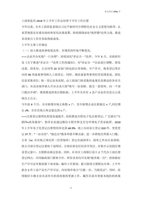 工商质监局2019年上半年工作总结和下半年工作打算