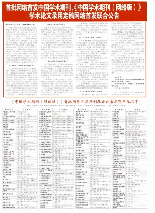 首批网络首发中国学术期刊、《中国学术期刊(网络版)》学术论文录用定稿网络首发联合公告