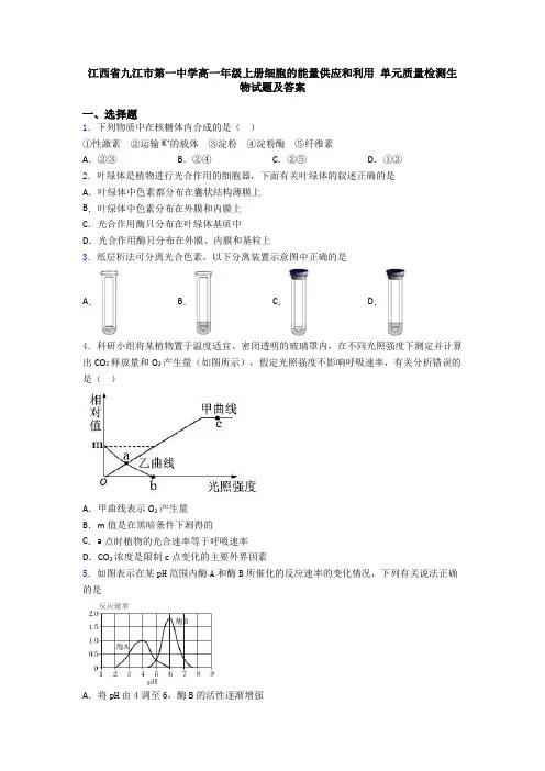 江西省九江市第一中学高一年级上册细胞的能量供应和利用 单元质量检测生物试题及答案