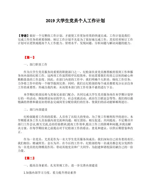 2019大学生党员个人工作计划
