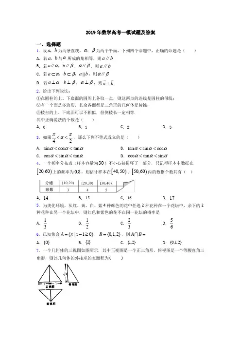 2019年数学高考一模试题及答案