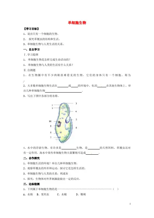 七年级生物上册《第二单元 第二章 第四节 单细胞生物》导学案新人教版