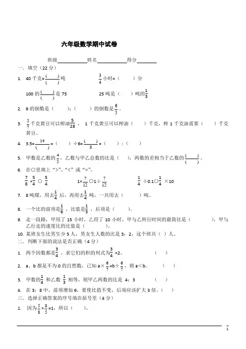 数学六年级上浙教版期中试卷(含答案)
