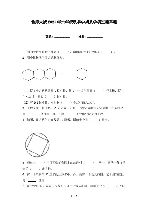 北师大版2024年六年级秋季学期数学填空题真题