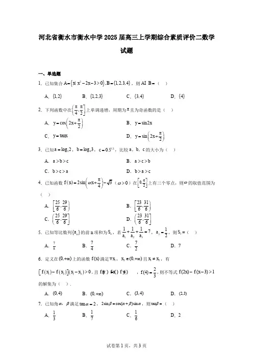 河北省衡水市衡水中学2025届高三上学期综合素质评价二数学试题