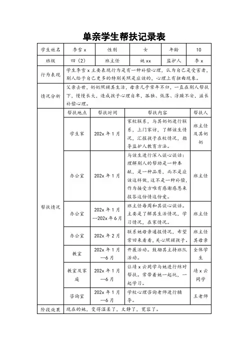 单亲家庭学生帮扶记录表