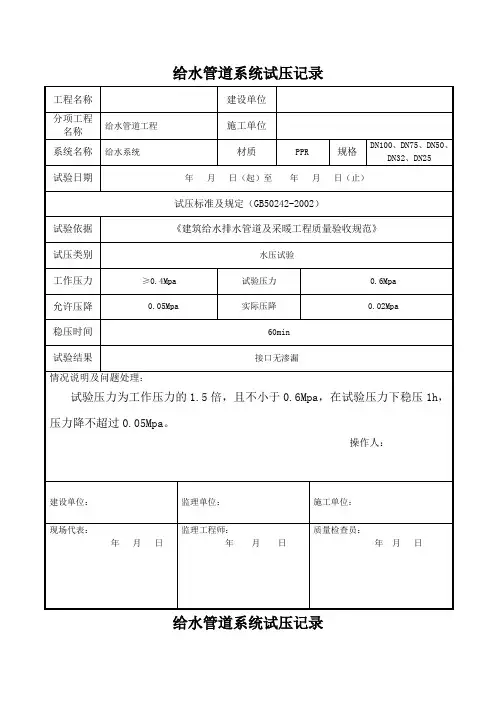给水、管道系统试压检查记录