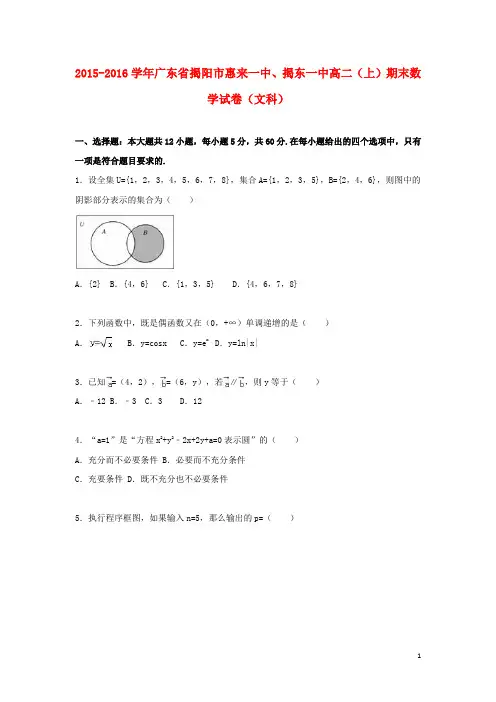 广东省揭阳市惠来一中、揭东一中高二数学上学期期末试卷文(含解析)