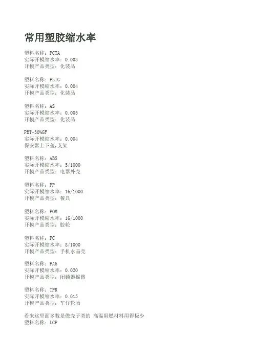 常用塑胶缩水率
