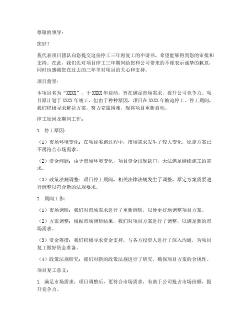 停工三年再复工申请书模板