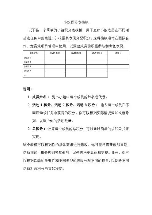 小组积分表模板